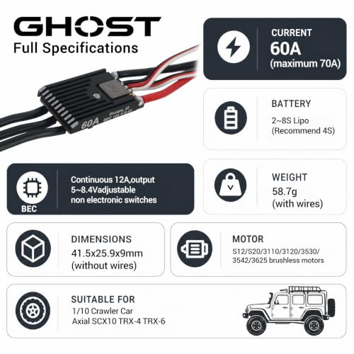 Ghost 60A Brushless ESC with ESCape32 Firmware & WiFi-Link, No-App Wireless Tuning Speed Controller with 12A Adjustable BEC (5-8.4V), Smooth Throttle for 1/10 RC Rock Crawler Axial SCX10 TRX-4 2-8S