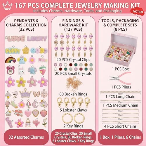 Ponygrass 167 Pcs Lip Gloss Keychain Making Kit, Heavy-Duty DIY Craft Supplies with Chipping-Resistant Charms, Hooks, Jump Rings & Tools for Jewelry Making, Custom Keychains, Bags (PINK-02)