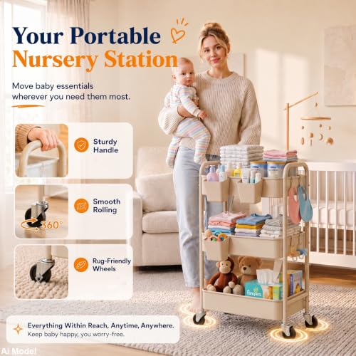 Beige 3 Tier Rolling Storage Cart Metal on Wheels, Cream Diaper Caddy Carts - color: Gentle Beige, size: 3 Tier + Cups + Hooks