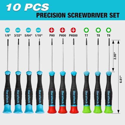 DURATECH 10 PCS Magnetic Precision Screwdriver Set, Phillips, Slotted, Torx