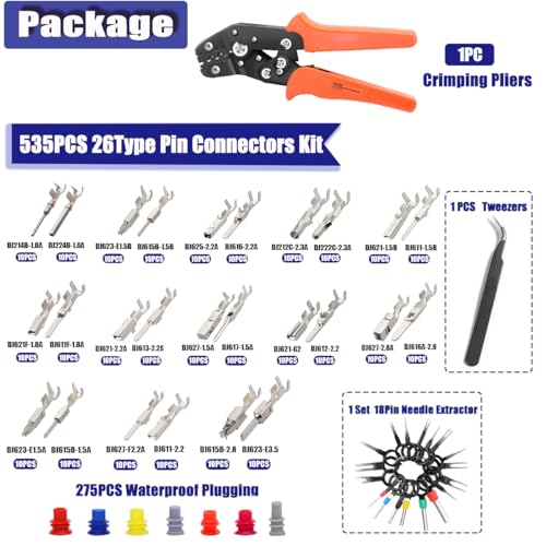 535PCS 26Type Pin Connectors Kit with Crimping Pliers 26-16AWG,Car Electrical Wire Pins 1/1.5/1.8/2.2/2.8/3.5mm Automotive Pin Connectors Kit Wire Removal Non-Insulated Plug - size: 535PCS 26 Type + Crimping Pliers