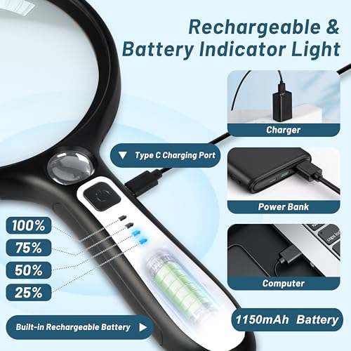 Large Magnifying Glass with Light: 10X 30X 5IN Lighted Handheld Magnifier with 13 LED Lights 3 Modes, 1150mAh Rechargeable Magnifying Lens Gift for Seniors Reading Coins Close Work-Black+White - color: Black+white