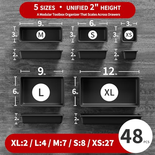 【48PCS & 5 Sizes】 Tool Box Organizer Tray, Toolbox Drawer Organizer with Non-Slip Pads, Desk Drawer Divider Set, Fits Rolling Tool Chest Cabinet for Garage & Workbench - color: 48PCS(5 size)