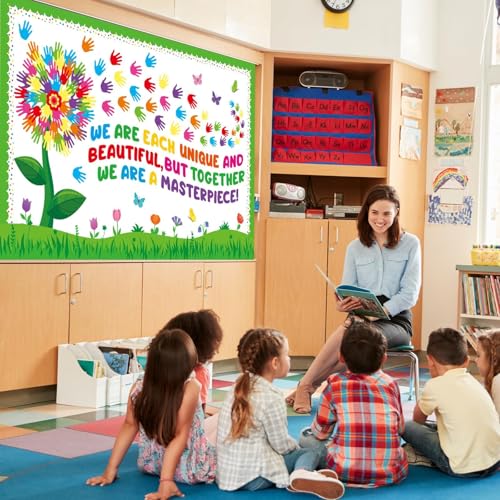 Spring Florals Bulletin Board Decorations Set Spring Tree Bulletin Board Classroom Decorations Handprint Flower Paper Cutouts March Bulletin Board Borders for School Chalkboard Door Supplies - style: Handprint Flowers
