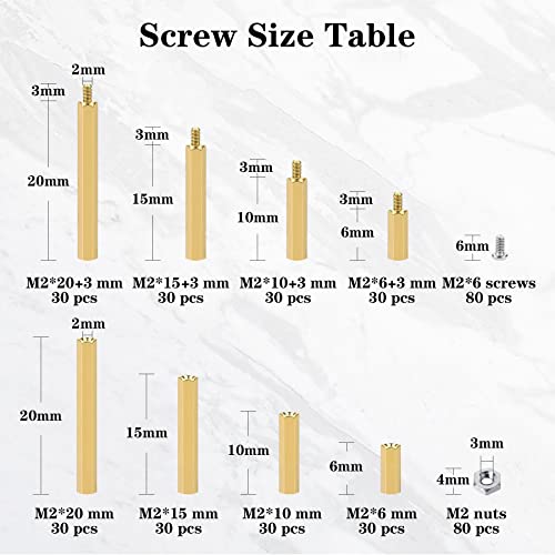400Pcs M2 Motherboard Standoffs&Screws&Nuts Kit, Hex Male-Female Brass Spacer Standoffs, Laptop Screws for DIY Computer Build, Electronic Projects, Raspberry Pi, Circuit Board etc. - size: M2