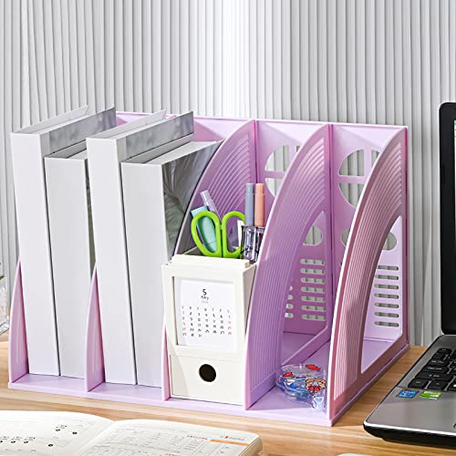 SAYEEC Sturdy Magazine Holder 4 Compartments Plastic Desktop File Organizer File Dividers Office Organizer Storage Document Magaizne Rack Display Box (Purple) - color: Purple-4 Sections