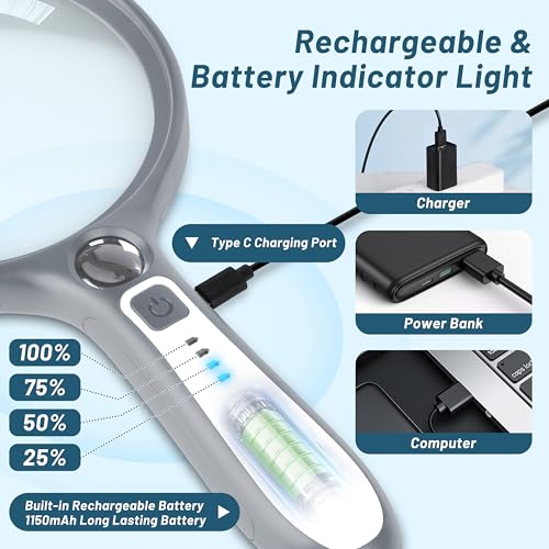 Large Magnifying Glass with Light: 5IN Lighted Handheld Illuminated Magnifier with 13 LED Lights 3 Modes, 1150mAh Rechargeable Magnifying Lens Gift for Seniors Reading Coins Close Work-Grey+White - color: Grey+white