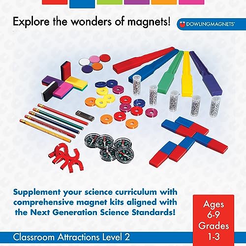 Dowling Magnets Classroom Attractions Comprehensive Magnet Lab: Level 2, Grades 1-3 (Ages 6-9). Classroom Magnets/Science Kit/STEM Kit/Kids Magnets for Classroom/Science Experiments. Item 731302.