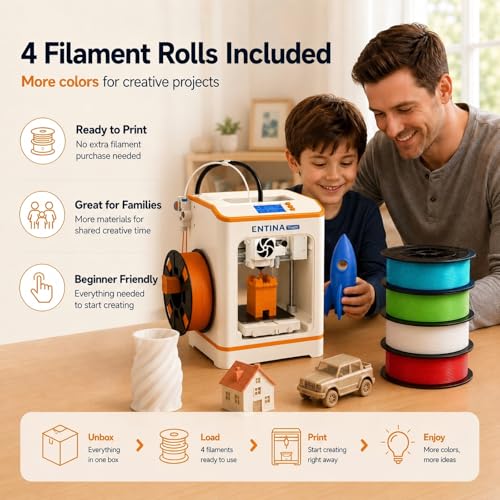Entina Tina2C Mini 3D Printer Starter Bundle for Kids & Beginners, Fully Assembled, Auto Leveling, Easy Setup, WiFi & App Control, 3000+ Model Library, 20+ Creative DIY Modules, Includes 4-Color PLA - color: Red/White/Blue/Green