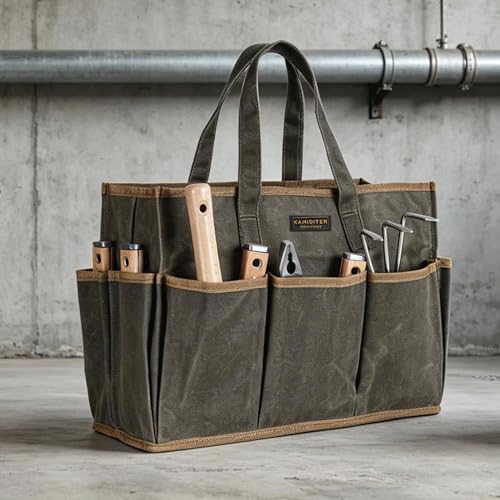 Waxed Canvas Garden Tool Bag Tote, 14 Inch Tool Bag with 10 External Pockets & 1 Large Compartment, Army Green - color: Army Green