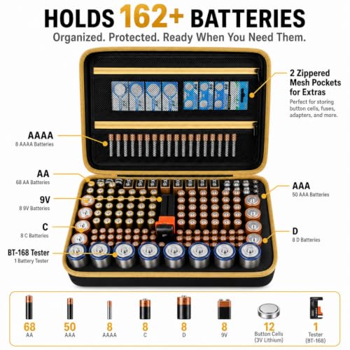 Comecase Battery Organizer with Tester for 162 AA AAA C D 9V Batteries - size: 162+Batteries