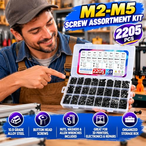 2205PCS Metric Screw Assortment Kit, M2 M3 M4 M5 Hex Socket Button Head Screws with Nuts and Washers, 10.9 Grade Alloy Steel Fastener Set for 3D Printer, Electronics, CNC and DIY Projects - color: M2M3M4M5 2205pcs