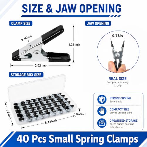 40 Pcs Small Spring Clamps, 2 Inch Black Metal Clip for Crafts, Heavy Duty Woodworking Fastener, Photography Muslin Backdrop Holder, 0.78 Inch Maximum Opening - color: Black