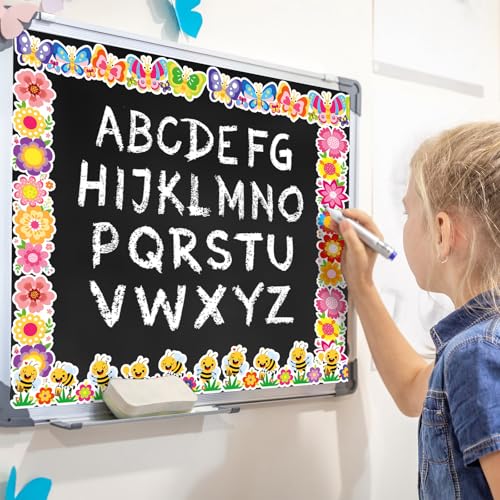 FYSUIMU 59.1 Ft Cartoon Flower Bulletin Board Borders Floral Bee Butterfly Trim Borders Springtime Classroom Scalloped Bulletin Board Decor for Back to School Spring Home Party Chalkboard Wall Decor - style: Cartoon Flower
