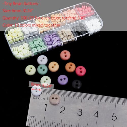 300 PCS 2 Hole Tiny Resin Round Buttons-6mm /0.24",perfert for DIY Tiny Clothes Sewing mini Projects mini Gift Decorations (12 Colors mixed/300 PCS