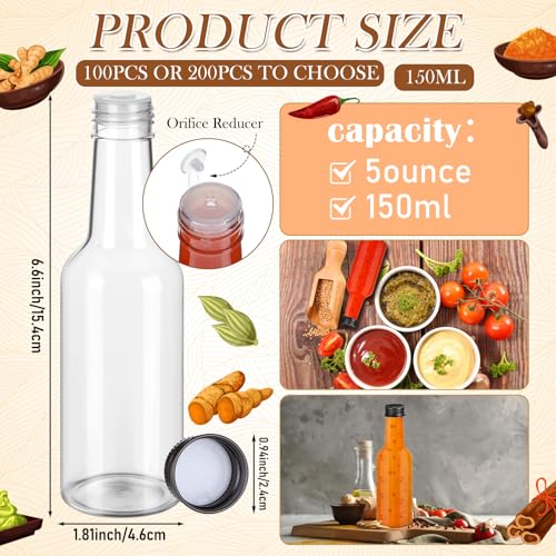 Zubebe 100 Pcs Hot Sauce Bottles Small Plastic Clear Woozy Bottles Empty with Leak Proof Black Screw Cap Mini Wine Liquor jars for Kitchen Sauce Salad Dressing Syrup Juice Whiskey (5 oz) - size: 5 oz