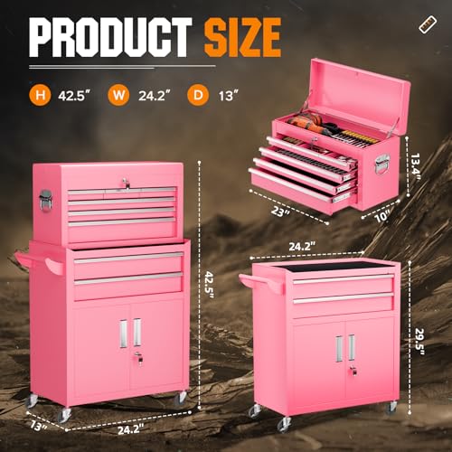 Oakcloud Heavy-Duty 8-Drawer Rolling Tool Chest & Cabinet Combo with Black Liner – Lockable Steel Garage Tool Box on Wheels – Detachable Top Toolbox & Bottom Storage Cart with Side Hooks, Pink - color: Pink, size: 8-Drawer