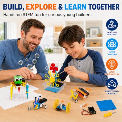 NewFamily 6-in-1 STEM Robot Building Kit, DIY Science & Engineering Project Set with Reptile Robot, Balance Car, Bubble Machine, Fiber Optic Lamp and Buzzer Wire Game