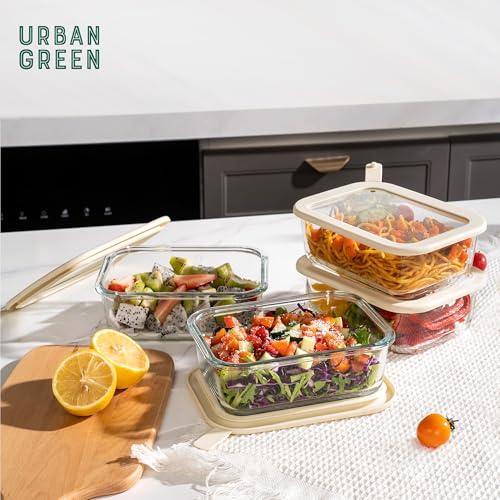 Urban Green Glass Food Storage Containers with Glass Lids, Microwave Safe Food Container Set, Airtight Meal Prep Containers, LeakProof, 100% Plastic Free, 6 Pack - color: Ivory White -6p