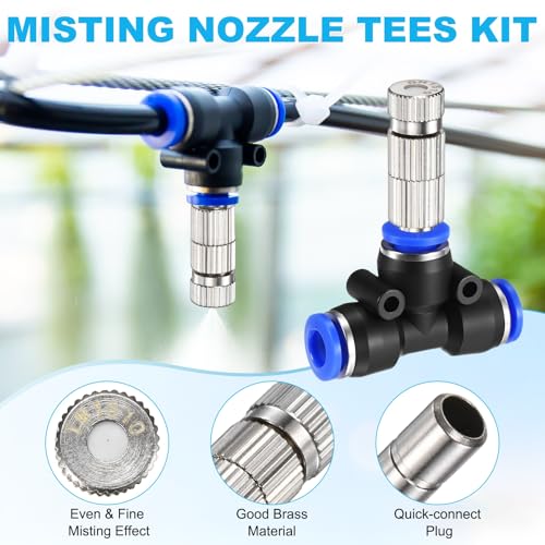 M METERXITY 5-Set Brass Misting Nozzles Tees Kit, 0.006"/0.15mm Orifice Mister Replacement Nozzles with Filter Mesh for Outdoor Cooling System/Greenhouse, 1/4" Water Misting Nozzle Tees Kits - size: 0.006"/0.15mm