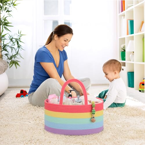 COMSE Large Cotton Rope Baby Diaper Caddy Organizer with Handles, Rainbow - color: Rainbow, size: Large