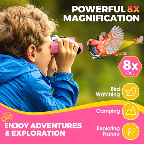 Binoculars for Kids, Toys for 3-12 Year Old Girls and Boys, Bird Watching Hiking Outdoor Learning Toy with Magnifying Glass &Compass, Birthday Easter Gifts Toys for Boy Kid Ages 3-6 (Pink) - color: Pink
