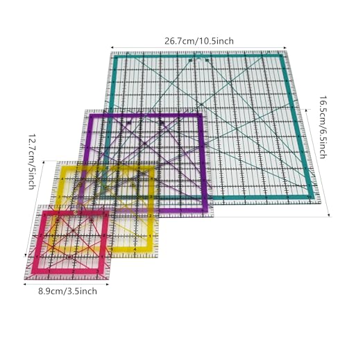 Quilting Rulers,Sewing Ruler,4 Piece Acrylic Square Quilting Templates,Clear Precision Ruler for Quilting Sewing,Tools Supplies Accessories Multcolor(3.5"x3.5" 5"x5" 6.5"x6.5" 10.5"x10.5") - color: Multcolor
