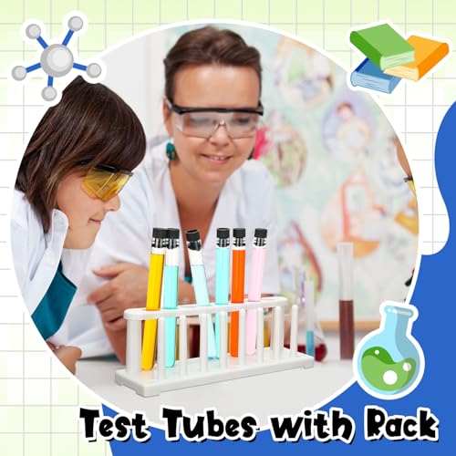 2 Sets Test Tubes with Rack, 16 Pcs Clear Plastic Test Tubes with Caps and 2 Pcs 8 Holes Holder Rack with 8 Drying Pins Stand for Scientific Experiment Nurse Party Favors