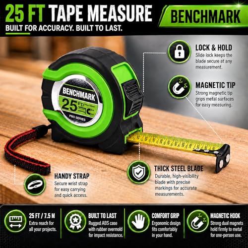 3 Pack - Tape Measures 25 ft - Easy to Read Fractions to 1/8th inch - Magnetic Tip - Thumb and Quick Lock - Autowind - Belt Clip - Green - Measuring Tape Retractable - size: Green