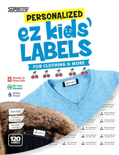 120 Custom Personalized Waterproof Name Labels | Cherry Icon | Self Stick | Clothing, School, Camp, Nursing, Toys, All Purpose | Ez Kids and All Ages | Washer, Dryer & Dishwasher Safe | No-Iron - color: Cherry Icon