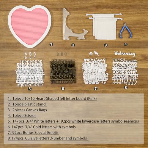 Heart-Shaped Felt Letter Board Message Sign,10x10 inches Message Board with 465 Changeable White&Golden Letters,Numbers,Cursive Words and Stand for Party,Pregnancy,Wall&Tabletop Decor (Pink) - color: Heart Pink