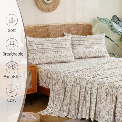 CozySmile 4 Pieces King Sheet Set Bohemian, Boho Sheets Soft Microfiber Deep Pocket, Western Sheets Geometric(King, Cream Olive Geometric) - color: B-cream Olive Geometric, size: King