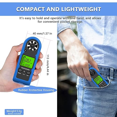 HoldPeak Handheld Anemometer Mini, 65MPH Small Wind Speed Meter Gauge Air Flow Velocity Temperature Measuring Device for Outdoor Sailing Surfing Drone Flying Golf Shooting HVAC 816BH - color: HP-816B-with Blue Sheath-1PC