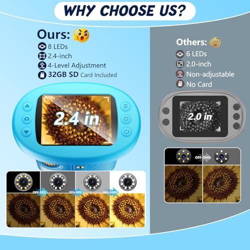 Odatay 4K 1000X Digital Microscope for Kids with 32G Card, Long Distance Viewing & 2.4" Screen Portable Handheld Edu Toys for Age 3-12 Exploring Bugs Plants at Home Classroom & Outdoor Travel, Blue - color: Blue