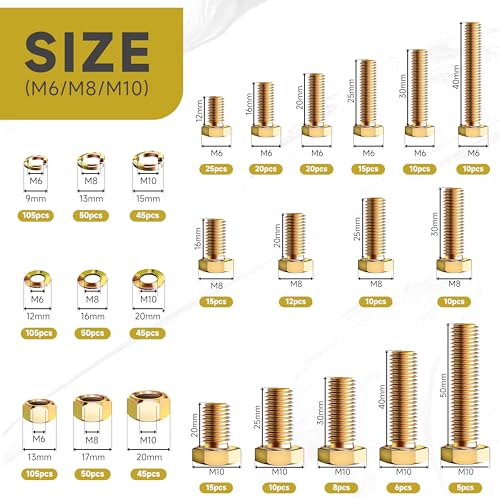 Mywish 791Pcs Grade 8.8 Metric Bolt Assortment Kit - M6, M8, M10 Hex Head Bolts, Nuts and Washers - Heavy Duty Yellow Zinc Plated - color: Yellow, size: 791Pcs M6 M8 M10