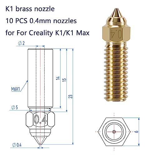 Creality 10PCS K1 Brass Nozzles Kit, 3D Printer 10PCS High Speed 0.4mm Nozzles Kit for K1, K1 Max, Ender 3 V3 KE, CR-10 SE, CR-M4 - style: K1 Brass 0.4mm