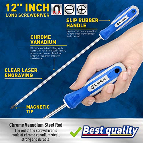 Amartisan 2-Piece 12'' long Screwdriver Set, Long Blade Screwdriver Set 12-Inch Magnetic Screwdriver, Phillips & Slotted Bits .(NEW)