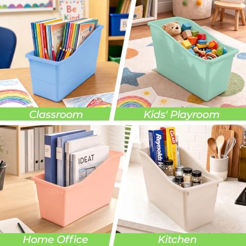 12 Pack Book Bins for Classroom Stackable Plastic Storage with Labels - color: Macaron