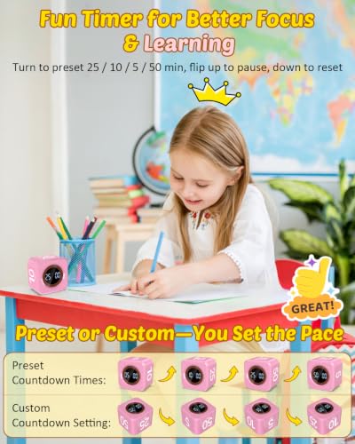 Digital Pomodoro Timer Cube 5/10/25/50min Preset, Silent & Sound Alarm - color: Pink