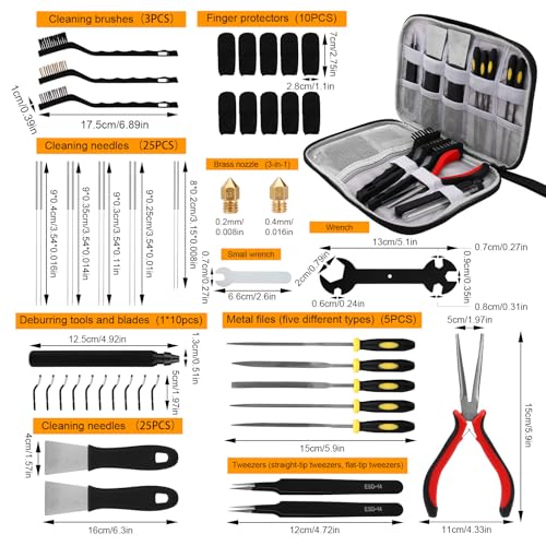 64pcs 3D Printer Tools Kit with Storage Case, 3D Printer Accessories with Cleaning Brush Cleaning Needle Wrench Scraper Tweezers Metal Files Brass Nozzle Deburring Tool for Bambu Lab 3 Kobra