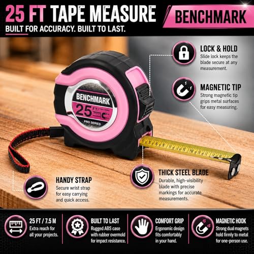 Benchmark - Pink - 3 Pack - 25 ft Tape Measures - Easy to Read Fractions to 1/8th inch - Magnetic Tip - Thumb and Quick Lock - Autowind - Belt Clip - size: Pink