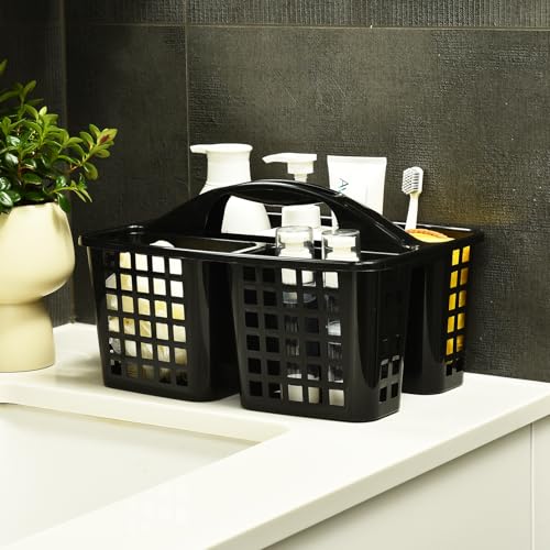ALINK Plastic Shower Caddy Basket with Compartments, Portable Divided Cleaning Supply Storage Organizer with Handle for College Dorm Bathroom - Black - color: Black