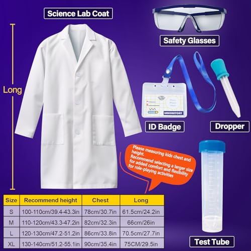 UNGLINGA Kids Lab Coat Doctor Scientist Costume with Science Goggles ID Card Test tube - size: L(7-8Y)