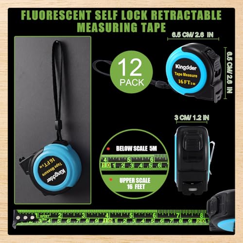 Kingdder 12 Pack Fluorescent Tape Measures Gifts 16ft/ 5m Self Lock Retractable Measuring Tape Back to School Gift Bulk High Contrast Dark Mode Read Measure for Dad(Blue) - color: Blue
