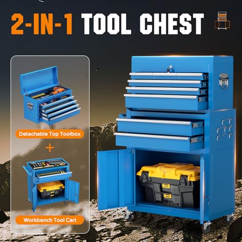 Oakcloud Heavy-Duty 8-Drawer Rolling Tool Chest & Cabinet Combo with Black Liner – Lockable Steel Garage Tool Box on Wheels – Detachable Top Toolbox & Bottom Storage Cart with Side Hooks, Blue - color: Blue, size: 8-Drawer