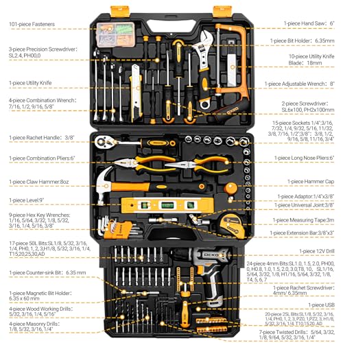 Tool Kit Box Drill Set:DEKOPRO Home Mechanic Toolbox with 12V Power Cordless Drill Hand Repair Tools Sets Combo Kits Storage Organizer Drawer Case for Men - color: Yellow