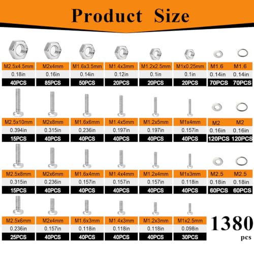 1380Pcs 304 Stainless Steel Metric Micro Screws Nuts Assortment - size: 1380pcs