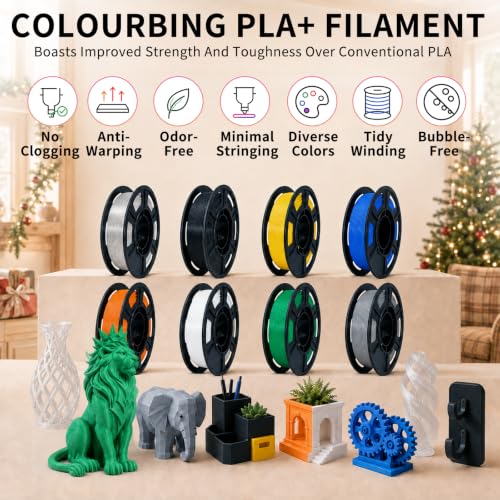 8 Colors PLA+ 3D Printer Filament Bundle, 8 Pack 250g Spool, Neatly‑Wound & Beginner Friendly, Ideal as Birthday Gift - White + Orange + Green + Blue + Yellow + Gray + Black + Transparent - color: Pla+ 250g*8 (Jade White/Pumpkin Orange/Green/Blue/Yellow/G