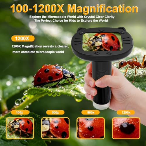 Microscope for Kids 100-1200x Handheld Microscope for Kids Digital Microscope 2.4-INCH IPS Screen Portable Digital Microscope for 3-10 Boys Girls Toys Gifts (Black) - color: Black