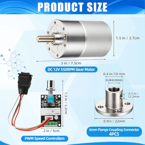 Copkim 6 Pack 12V 550RPM DC Gear Motor Kit with PWM Speed Controller and 6mm Flange Coupling Connectors, High Torque Electric Micro Speed Reduction Motor for DIY Robots and RC Cars